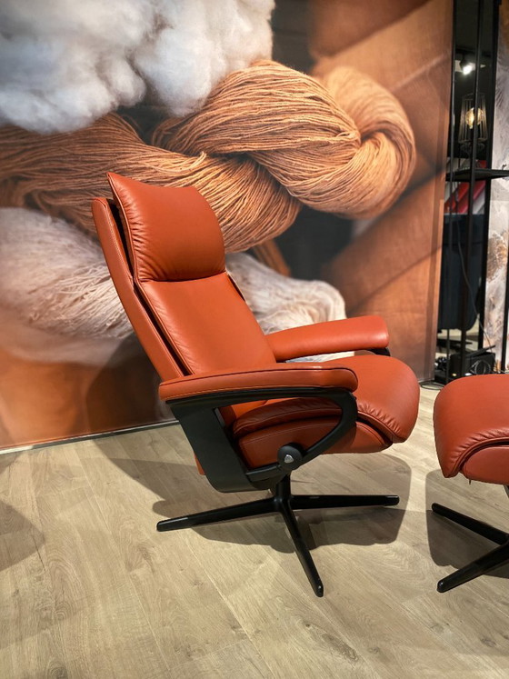 Stressless Aura M recliner with footstool, Adjustable recliner chair, Leather, Metal, Brown, Modern (photo 3 of 10)