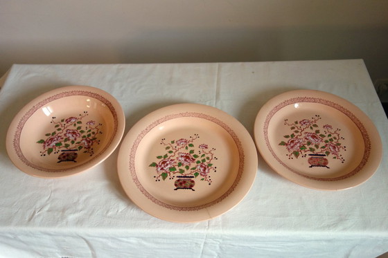 Image 1 of Art Deco Steingutservice mit Peking Emaille, Longwy Muster, 1930er, 14er Set