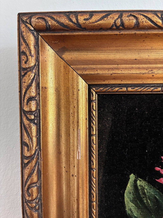 Image 1 of Set vintage original velvet flower oil painting, pair of flower still life art