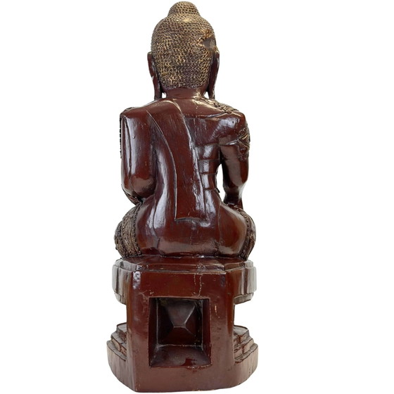Estatua de Buda Mandalay birmana antigua en laca Thit-si y pan de oro – Período Konbaung, aprox. 1870 (photo 5 of 11)