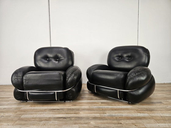 Image 1 of Okay Chairs in Black Leather and Tubular Steel by Adriano Piazzesi