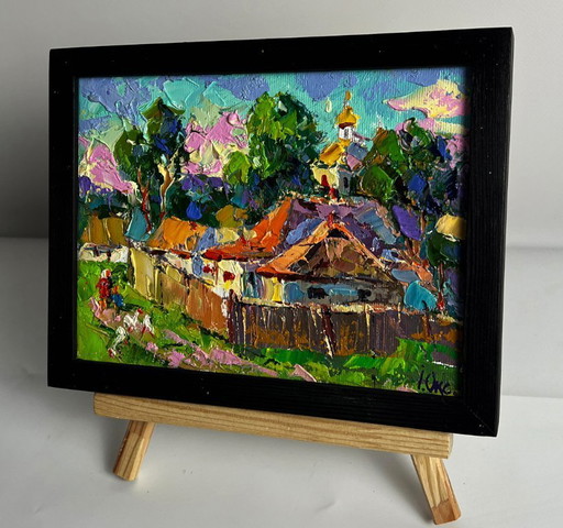 Origineel olieverfschilderij: Landelijk landschap, straat, een warme zonnige dag in het dorp