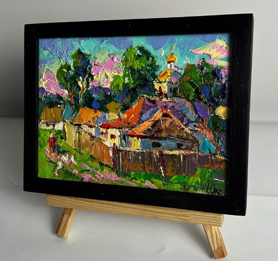 Image 1 of Peinture à l'huile originale représentant un paysage rural dans une rue du village par une chaude journée ensoleillée.