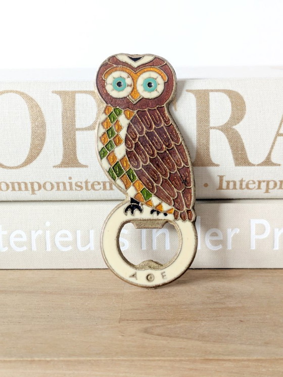 Image 1 of Apribottiglie greco vintage a forma di gufo in bronzo smaltato, anni '80