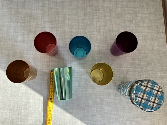 Image 1 of 6 metal retro cups in a tube