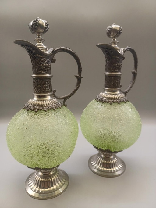 Paire de carafes aiguières étain et verre XIX