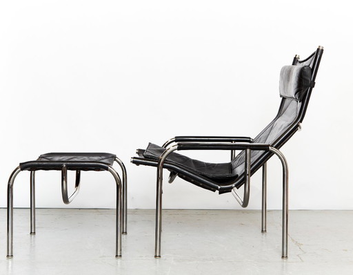 Set vintage di HE1106 Lounge Chair e HE1104 Ottoman di Hans Eichenberger per Strässle, anni '70