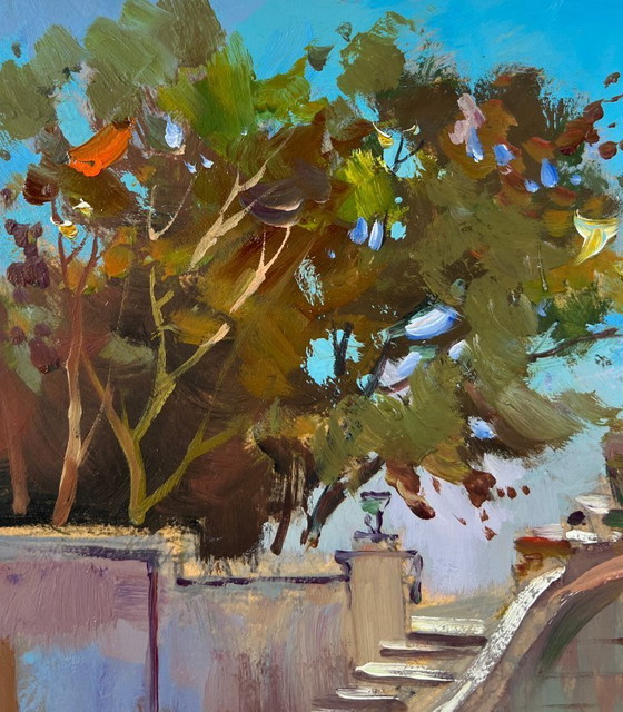 Image 1 of Original Oil Painting Summer City Landscape Bells over the river