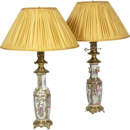 Par de lámparas antiguas de porcelana y bronce de Cantón, 1880