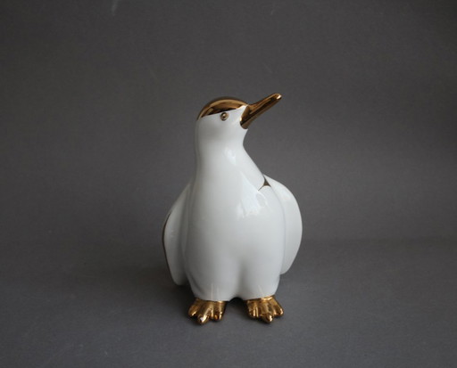 Vintage Italiaans porseleinen pinguïnbeeldje, wit met gedeeltelijke 24-karaats verguldsel.