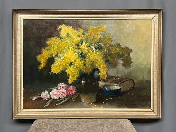 Pauwels Henri Joseph (1903-1983). "Still Life with Mimosa"., Paintings & Drawings, Canvas, Mid Century Modern (photo 2 of 7)