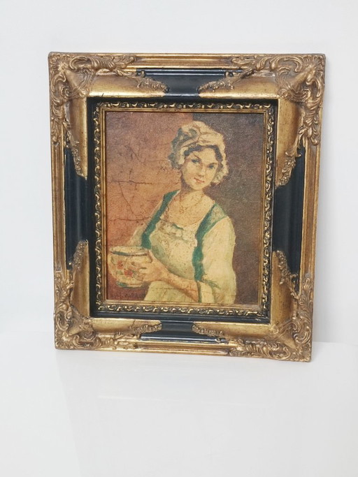 Óleo sobre lienzo, Michel Capron, Mujer joven con un cuenco, Francia, circa 1950