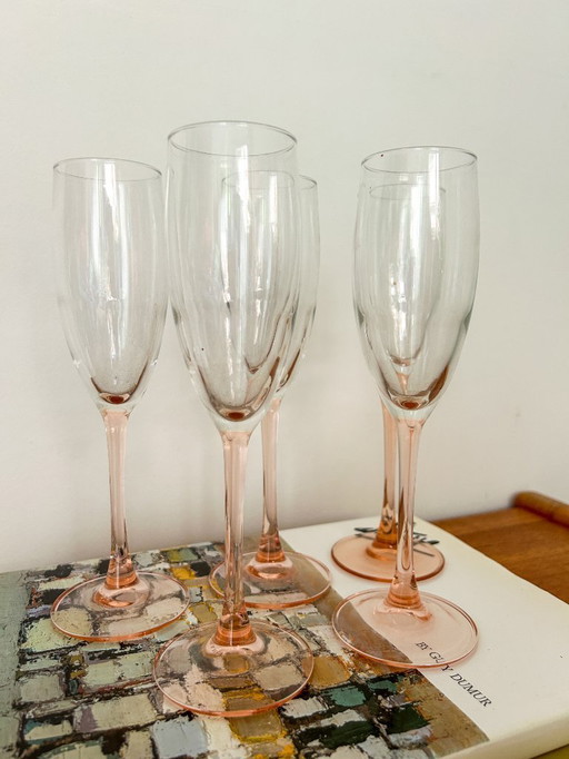 5 bicchieri da champagne vintage Luminarc France con base rosa