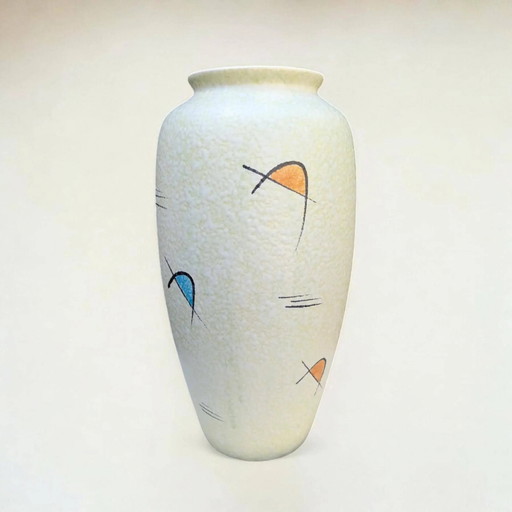 Vintage Bay Vase, Mid-Century West German Ceramic in White with Colorful Decoration, Rough Textured Glaze, 1960s, Model Number 6