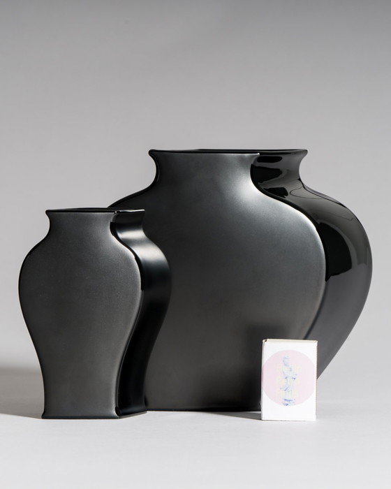 Image 1 of Tadao Amano for Rosenthal Studio-Line “Sakura” Vase Pair in Porcelaine Noire — Matte & Glossy Black, 1980s Germany / Japan