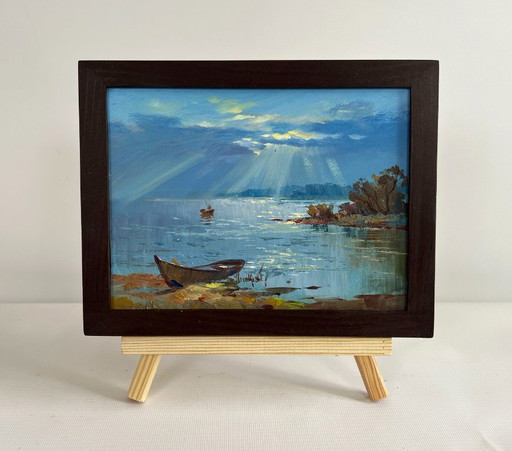 Original Oil Painting Summer River Landscape Rays of sun through the clouds