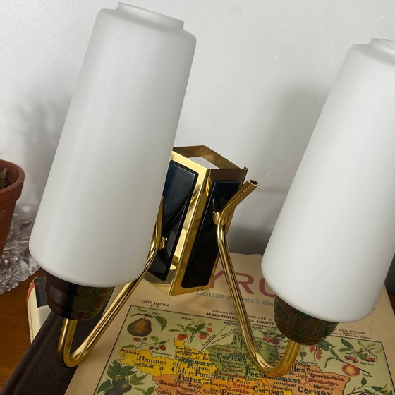Double Corner Wall Sconce 1950s-1960s Gold Metal and White Opaline Glass Shades – Wall lights (photo 4 of 9)