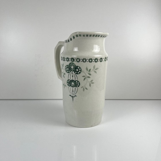 Image 1 of Antique earthenware pitcher, green floral decoration, ironstone, late 19th - early 20th century