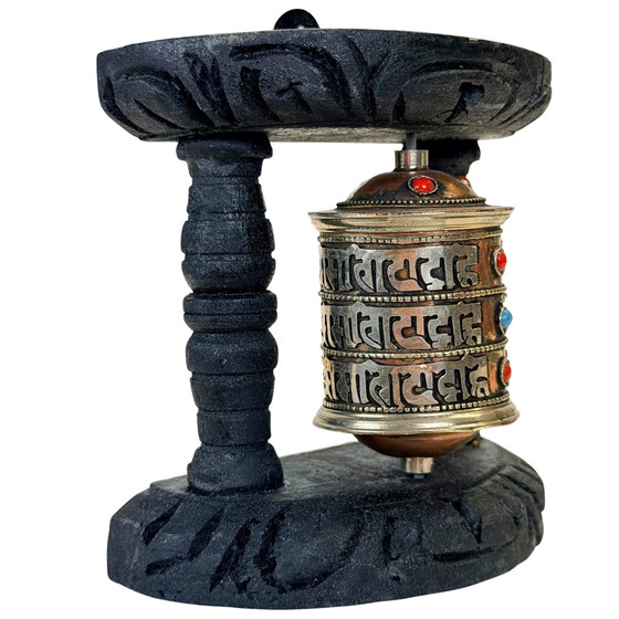 Vintage Tibetan Mani Prayer Wheel in Black Wooden Frame – circa 1980s – Sculpture, Metal (photo 2 of 9)