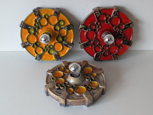 Rare Trio of 1970s Fat Lava Ceramic Wall Sconces - Hustadt Leuchten Style - Space Age Pop Art Sconces - Red, Orange & Earth
