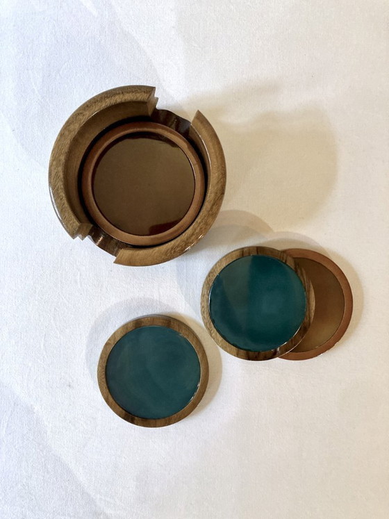 Image 1 of Set of 5 agate and walnut wood coasters