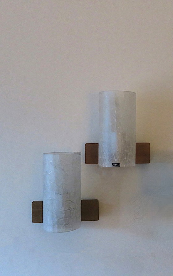 Image 1 of Pair of Doria Leuchten Crackled Frosted Glass and Teak Wall Lights, 1960s