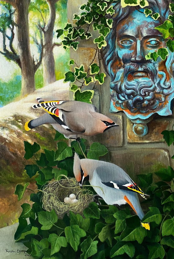Original Oil Painting Nature Landscape Birds Ancient Garden – Paintings & Drawings, Canvas (photo 4 of 10)