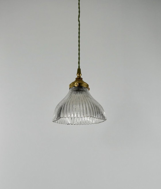 Image 1 of Vintage French Holophane Pendant Lamp Glass Ribbed