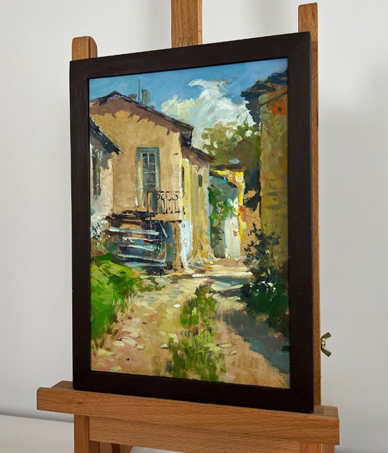 Image 1 of Origineel olieverfschilderij: Zomers straatlandschap, stadstuin in de zomer
