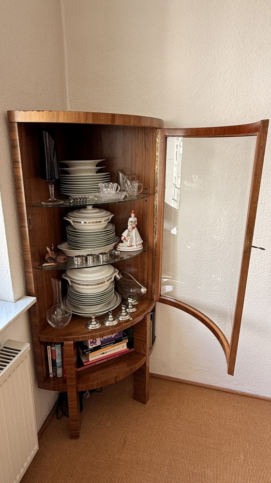Art Deco Hoekvitrine met gebogen glazen deur – ca. 1930 – Vitrinekasten, Glass, Wood (photo 4 of 5)