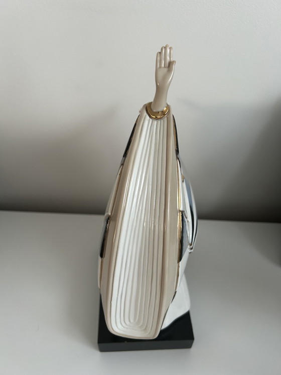 Große Tengra Porzellan Skulptur – Art Deco Tänzerin Irisierender Perlmutt & Gold Fächer 35cm (Perfekter (photo 3 of 7)