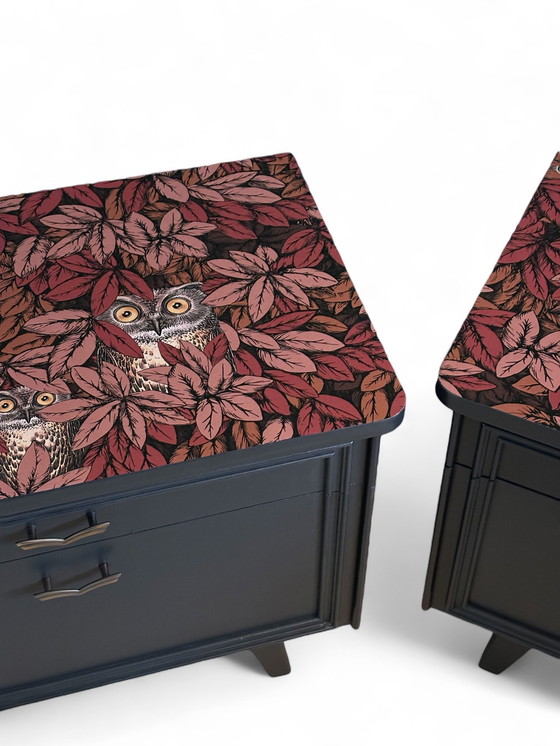 Image 1 of Vintage bedside tables with Fornasetti Foglie e Civette | The Vintage Vibe