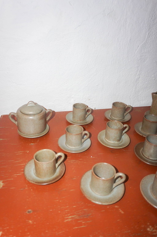 mid-century gres espresso set * mcm steengoed koffie set * 10 espresso kopjes met schotels, room en suikerpot * franse vintag