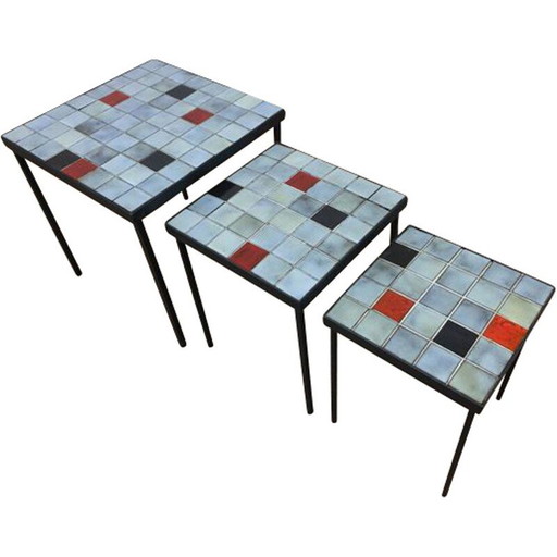 Set di 3 tavolini impilabili in ceramica vintage di Mado Jolain, 1960