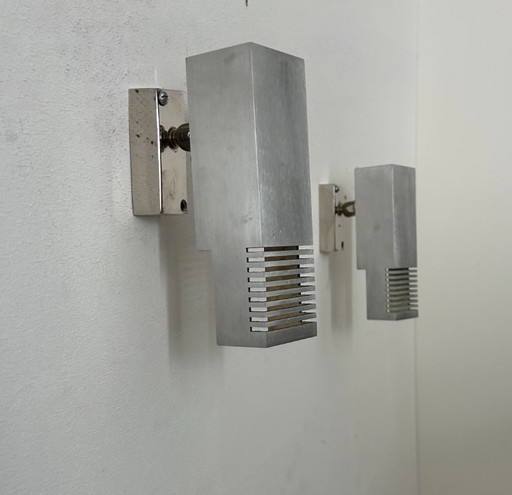 Pair of Henri Mathieu adjustable sconces, brushed metal, France 1960