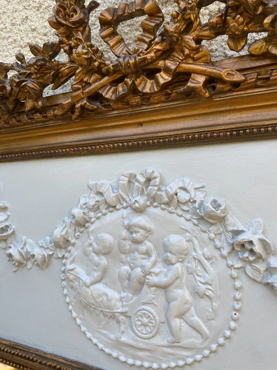 Image 1 of Louis XVI style trumeau mirror in gilded wood with gold leaf, 74x150cm