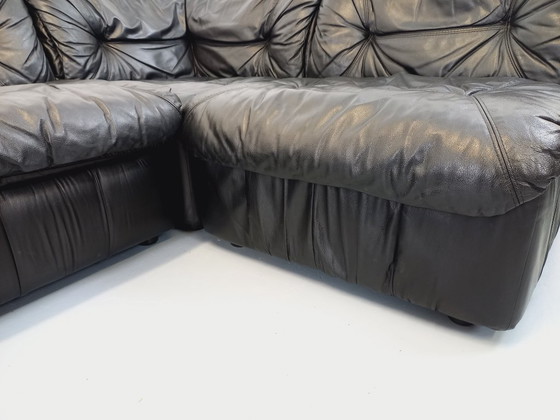 Image 1 of Canapé d’angle vintage composé de 3 modules en cuir noir avec lit intégré des années 70