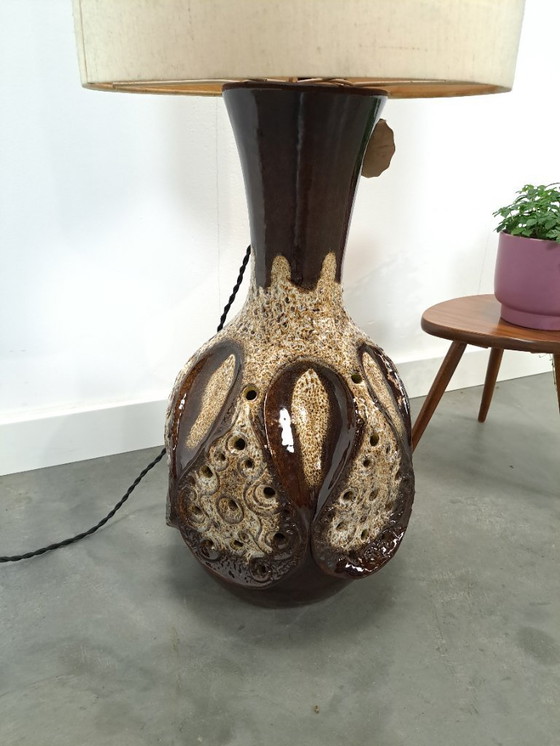 Image 1 of Braune Keramiklampe von Besigheimer Leuchten mit beleuchtetem Sockel