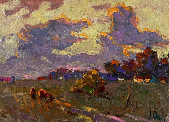 Image 1 of Original Oil Painting Evening Field Landscape Silence that envelops the world