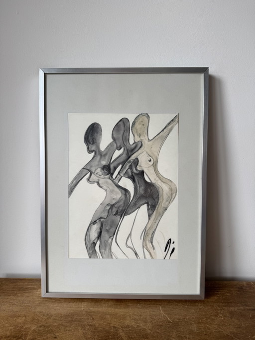 Original 1970s Modernist Drawing - "Three Graces" Ink & Watercolor – schilderijen tekeningen, Aluminium