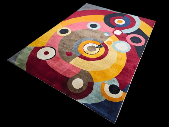Sonia Delaunay Rythme Joie de Vivre handgeweven wollen vloerkleed | Vintage kunsttapijt | 79 × 106 inch (photo 4 of 9)