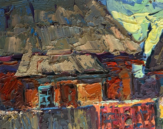 Image 1 of Original Oil Painting Winter Village Landscape Sunset behind the rooftops