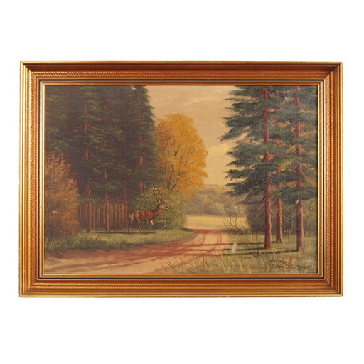 Tableau "Le cerf au bord de la route", design scandinave, années 1970