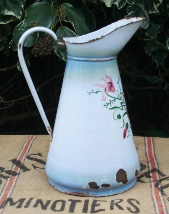 Image 1 of Antique French Hand-Painted Enamel Water Pitcher, Floral Cyclamen Jug, Blue Rim Farmhouse Vase, Rustic Country Decor