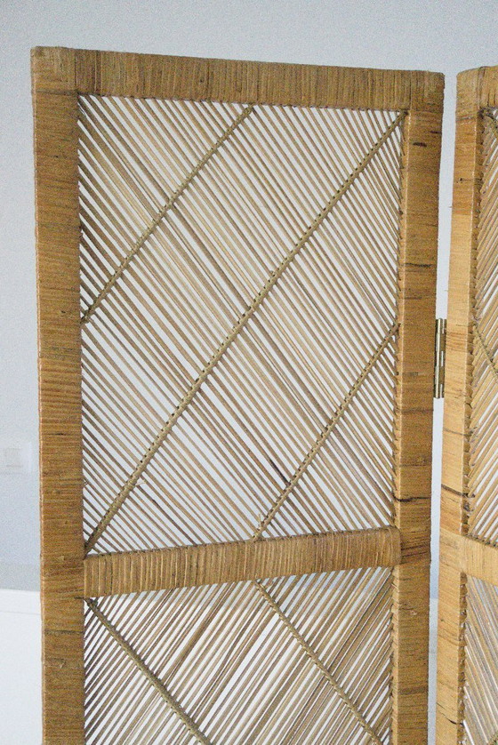 Image 1 of Paravento/divisorio pieghevole vintage bohémien in rattan naturale "Rotan" a 3 pannelli, anni '60/'70