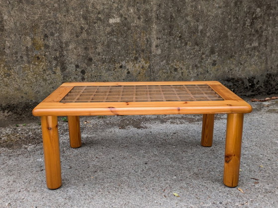 Image 1 of Opengewerkte salontafel van grenenhout en glas, Frankrijk, 1980