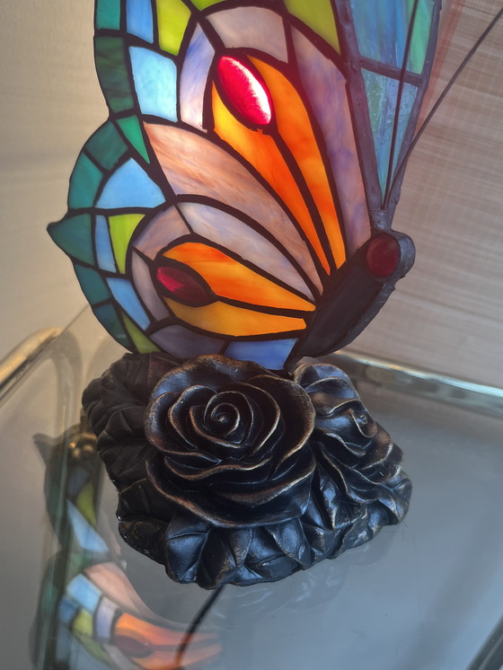 Image 1 of Set Of 2 Stained Glass Table Lamps Butterfly Lamps