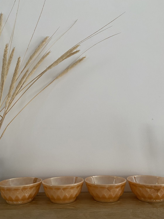 Image 1 of Vintage Fire King melkglazen Kimberly Peach Luster ontbijtkommenset