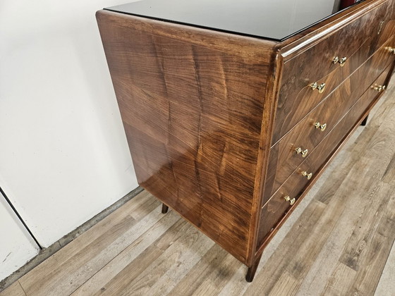 Image 1 of 1950s chest of drawers with glass top, maple workmanship and brass knobs
