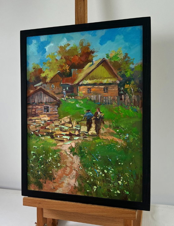 Image 1 of Original Oil Painting Rural Life Landscape Work on a summer day in the village